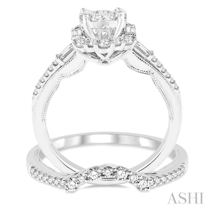 1 1/6 Ctw Diamond Lovebright Wedding Set with 7/8 Ctw Engagement Ring and 1/3 Ctw Wedding Band in 14K White Gold
