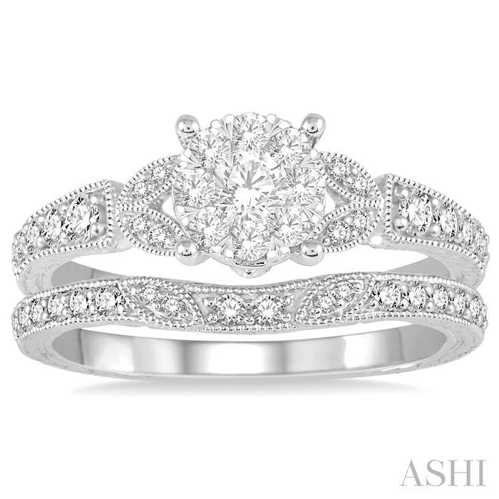 5/8 Ctw Round Cut Diamond Lovebright Wedding Set with 1/2 Ctw Engagement Ring and 1/6 Ctw Wedding Band in 14K White Gold