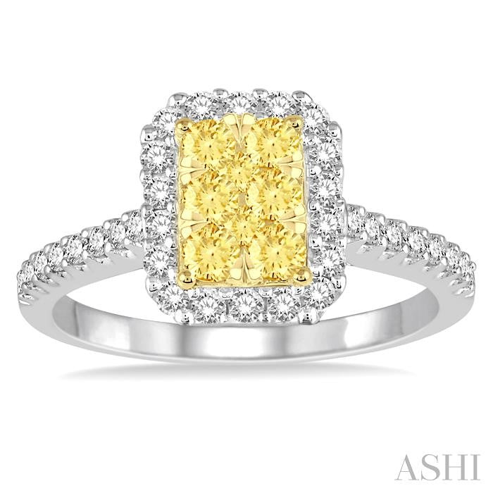 5/8 Ctw Round Cut Yellow and White Diamond Octagon Shape Lovebright Ring in 14K White and Yellow Gold