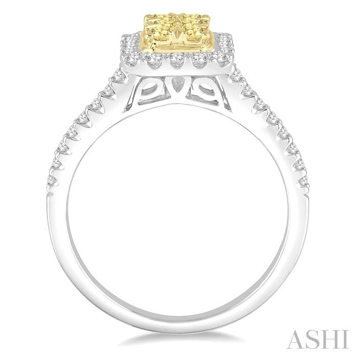 5/8 Ctw Round Cut Yellow and White Diamond Octagon Shape Lovebright Ring in 14K White and Yellow Gold