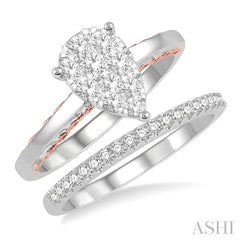 3/4 Ctw Lovebright Round Cut Diamond Wedding Set With 1/2 Ctw Pear Shape Two-Tone Engagement Ring and 1/5 Ctw Wedding Band in 14K White and Rose-Gold
