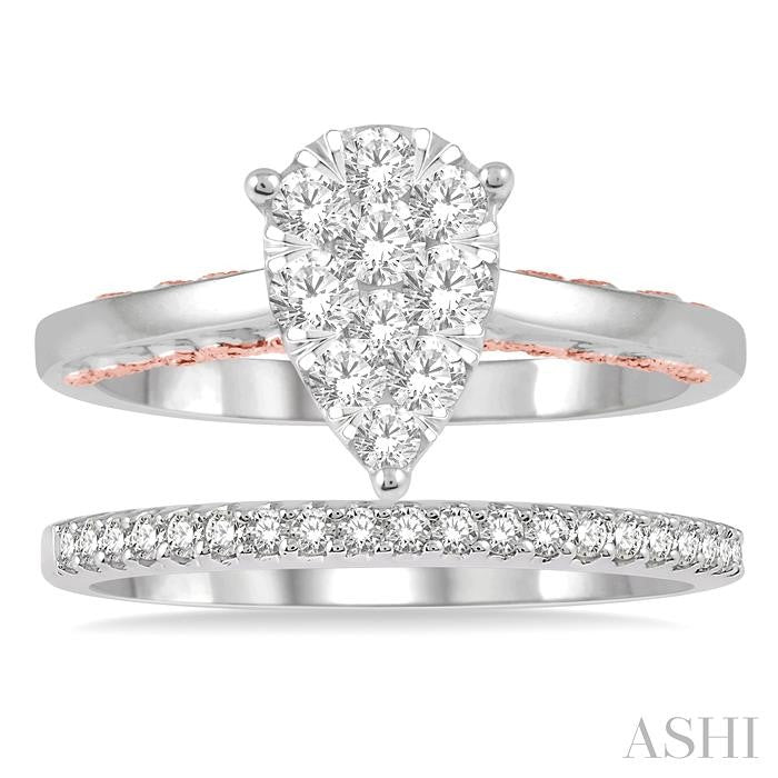 3/4 Ctw Lovebright Round Cut Diamond Wedding Set With 1/2 Ctw Pear Shape Two-Tone Engagement Ring and 1/5 Ctw Wedding Band in 14K White and Rose-Gold