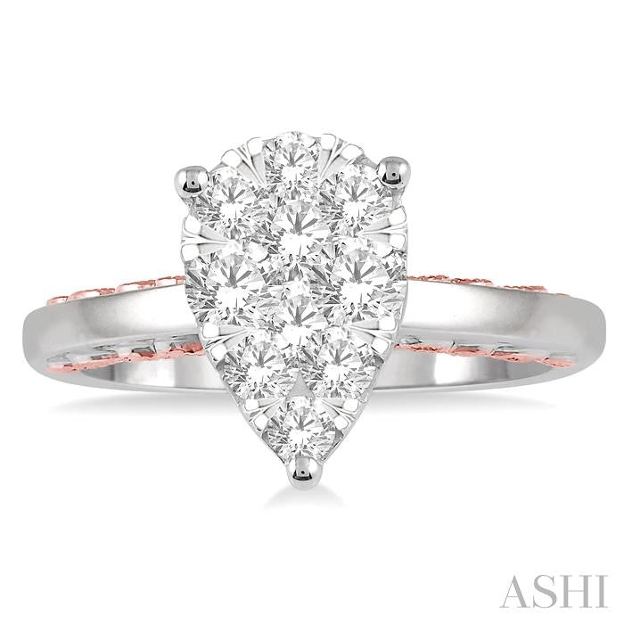 3/4 Ctw Pear Shape Lovebright Round Cut Diamond Ring in 14K White and Rose Gold