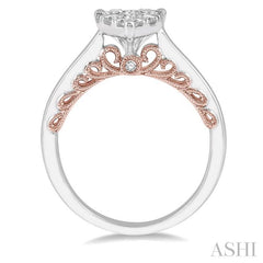 3/4 Ctw Pear Shape Lovebright Round Cut Diamond Ring in 14K White and Rose Gold