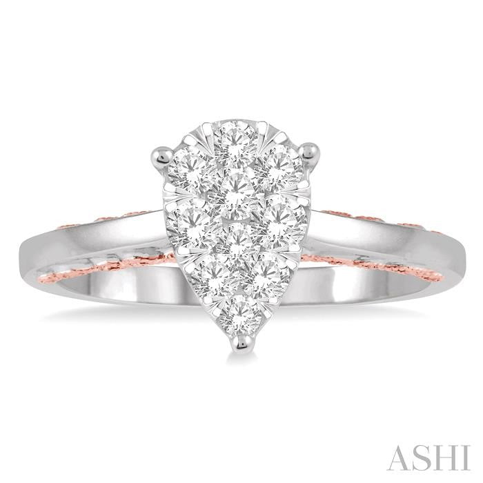 1/2 Ctw Pear Shape Lovebright Round Cut Diamond Ring in 14K White and Rose Gold