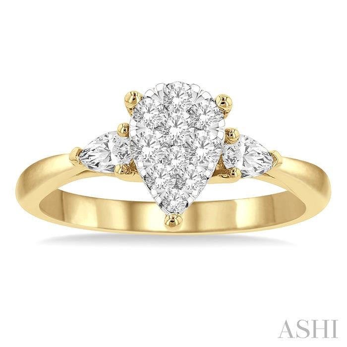 5/8 Ctw Pear Shape Lovebright Pear and Round Cut Diamond Engagement Ring in 14K Yellow and White Gold