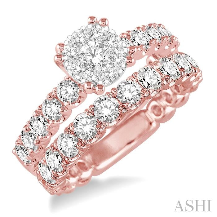 1 3/4 Ctw Diamond Lovebright Wedding Set with 1 Ctw Engagement Ring in Rose & White Gold and 3/4 Ctw Wedding Band in Rose Gold 14K