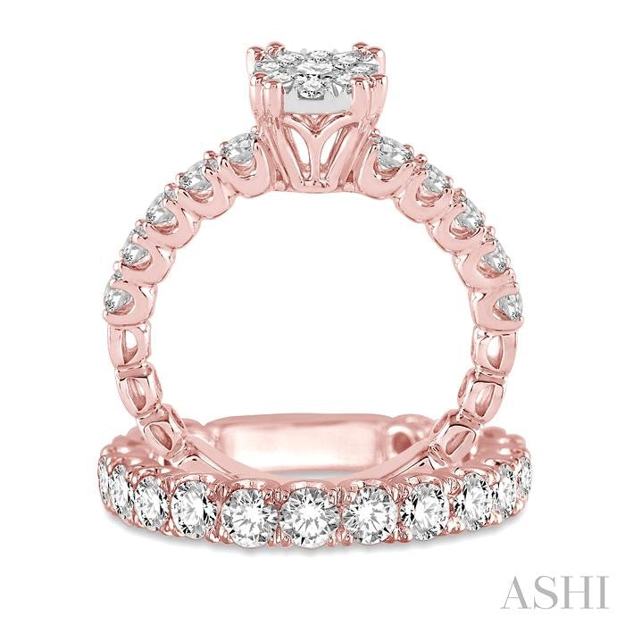 1 3/4 Ctw Diamond Lovebright Wedding Set with 1 Ctw Engagement Ring in Rose & White Gold and 3/4 Ctw Wedding Band in Rose Gold 14K
