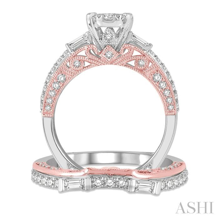 1 1/3 Ctw Diamond Lovebright Wedding Set with 1 Ctw Engagement Ring in White & Rose Gold and 1/3 Ctw Wedding Band in White and Rose Gold in 14K