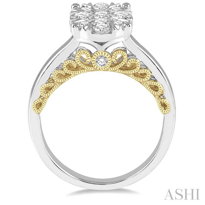 1 Ctw Round Diamond Lovebright Oval Solitaire Style Engagement Ring in 14K White and Yellow Gold