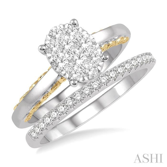 3/4 Ctw Lovebright Diamond Wedding Set in 14K With 1/2 Ctw Oval Shape Engagement Ring in White and Yellow Gold and 1/5 Ctw Wedding Band in White Gold
