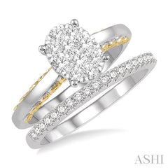 3/4 Ctw Lovebright Diamond Wedding Set in 14K With 1/2 Ctw Oval Shape Engagement Ring in White and Yellow Gold and 1/5 Ctw Wedding Band in White Gold