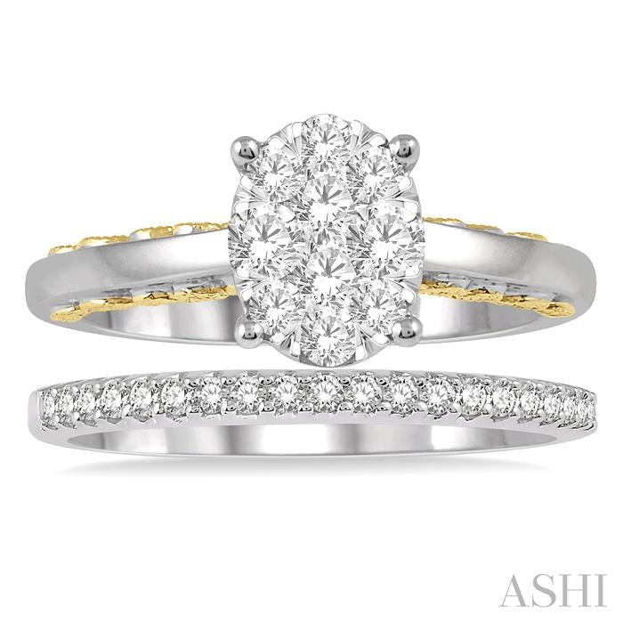 3/4 Ctw Lovebright Diamond Wedding Set in 14K With 1/2 Ctw Oval Shape Engagement Ring in White and Yellow Gold and 1/5 Ctw Wedding Band in White Gold