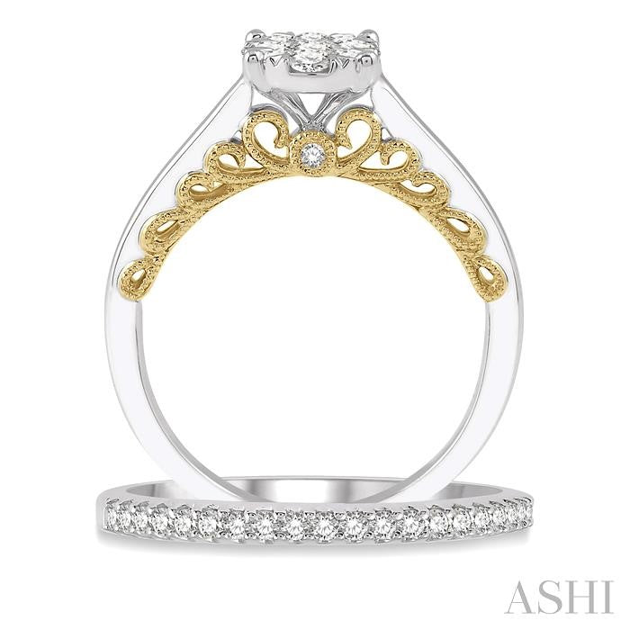 3/4 Ctw Lovebright Diamond Wedding Set in 14K With 1/2 Ctw Oval Shape Engagement Ring in White and Yellow Gold and 1/5 Ctw Wedding Band in White Gold