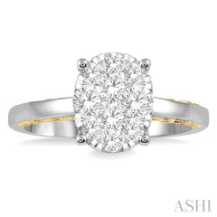 3/4 Ctw Round Diamond Lovebright Oval Solitaire Style Engagement Ring in 14K White and Yellow Gold