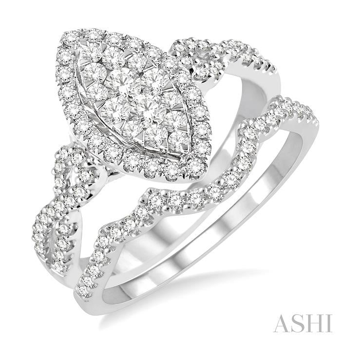 7/8 Ctw Lovebright Round Cut Diamond Wedding Set With 3/4 Ctw Marquise Shape Engagement Ring and 1/6 Ctw Triple Curve Wedding Band in 14K White Gold