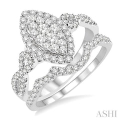 7/8 Ctw Lovebright Round Cut Diamond Wedding Set With 3/4 Ctw Marquise Shape Engagement Ring and 1/6 Ctw Triple Curve Wedding Band in 14K White Gold
