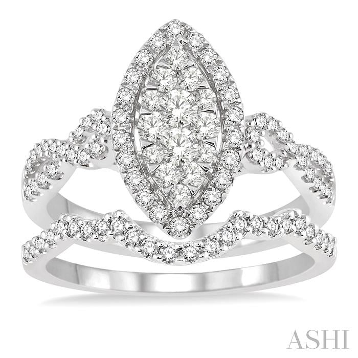 7/8 Ctw Lovebright Round Cut Diamond Wedding Set With 3/4 Ctw Marquise Shape Engagement Ring and 1/6 Ctw Triple Curve Wedding Band in 14K White Gold