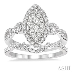 7/8 Ctw Lovebright Round Cut Diamond Wedding Set With 3/4 Ctw Marquise Shape Engagement Ring and 1/6 Ctw Triple Curve Wedding Band in 14K White Gold