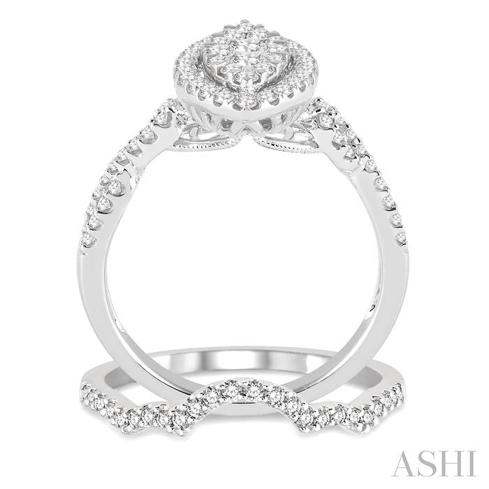 7/8 Ctw Lovebright Round Cut Diamond Wedding Set With 3/4 Ctw Marquise Shape Engagement Ring and 1/6 Ctw Triple Curve Wedding Band in 14K White Gold