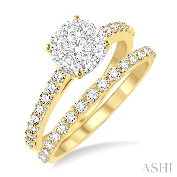 7/8 Ctw Diamond Lovebright Wedding Set with 1/2 Ctw Engagement Ring in Yellow and White Gold and 1/3 Ctw Wedding Band in 14K Yellow Gold