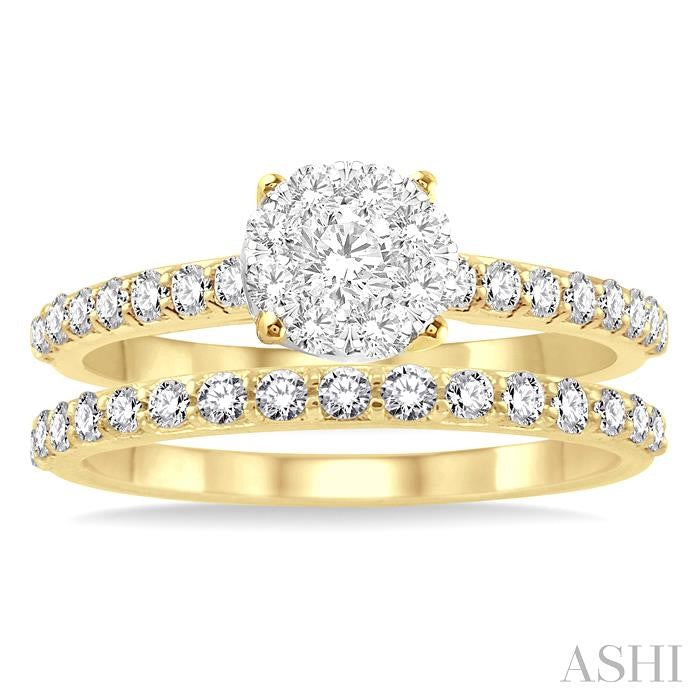7/8 Ctw Diamond Lovebright Wedding Set with 1/2 Ctw Engagement Ring in Yellow and White Gold and 1/3 Ctw Wedding Band in 14K Yellow Gold