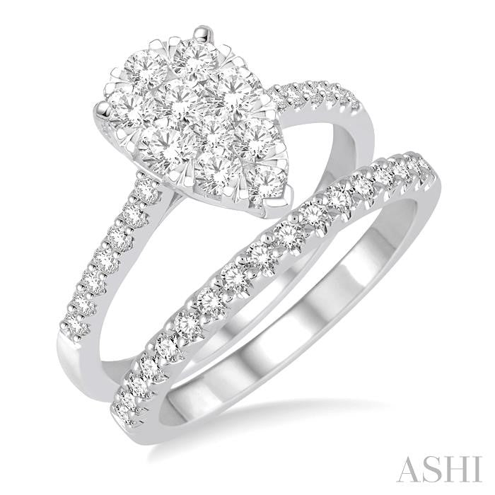 1 1/10 Ctw Diamond Lovebright Wedding Set With 3/4 Ctw Pear Shape Engagement Ring and 1/4 Ctw Wedding Band in 14K White Gold
