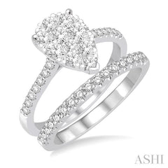 1 1/10 Ctw Diamond Lovebright Wedding Set With 3/4 Ctw Pear Shape Engagement Ring and 1/4 Ctw Wedding Band in 14K White Gold