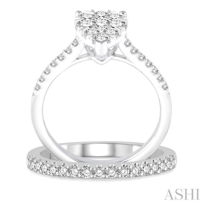 1 1/10 Ctw Diamond Lovebright Wedding Set With 3/4 Ctw Pear Shape Engagement Ring and 1/4 Ctw Wedding Band in 14K White Gold