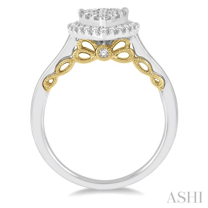 3/4 Ctw Pear Shape Lovebright Round Cut Diamond Ring in 14K White and Yellow Gold