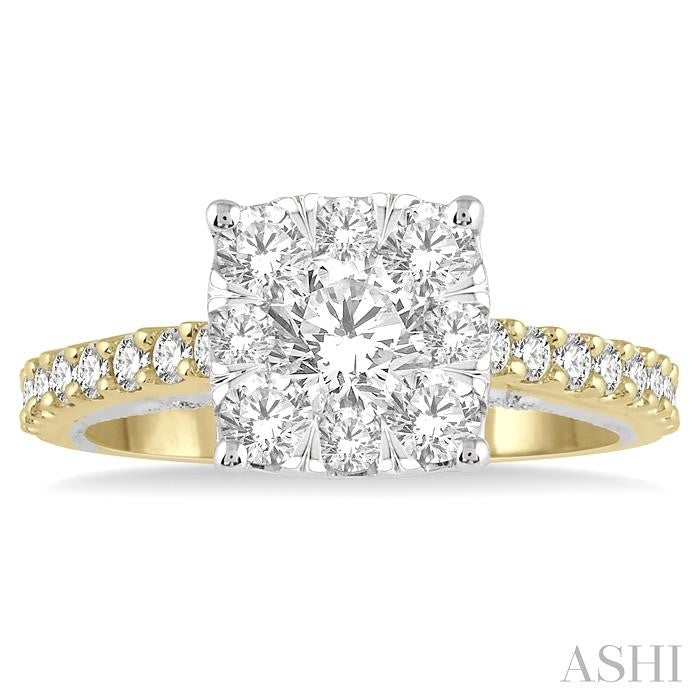 1 1/2 Ctw Round Diamond Lovebright Square Shape Engagement Ring in 14K Yellow and White Gold