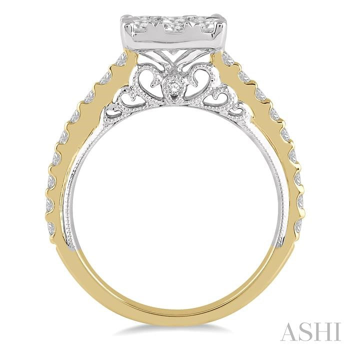 1 1/2 Ctw Round Diamond Lovebright Square Shape Engagement Ring in 14K Yellow and White Gold
