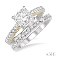 1 Ctw Lovebright Diamond Wedding Set with 3/4 Ctw Cushion Shape Engagement Ring and 1/4 Ctw Wedding Band in 14K White and Yellow Gold