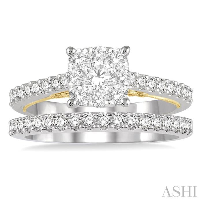 1 Ctw Lovebright Diamond Wedding Set with 3/4 Ctw Cushion Shape Engagement Ring and 1/4 Ctw Wedding Band in 14K White and Yellow Gold