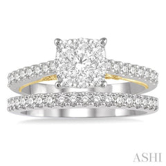 1 Ctw Lovebright Diamond Wedding Set with 3/4 Ctw Cushion Shape Engagement Ring and 1/4 Ctw Wedding Band in 14K White and Yellow Gold