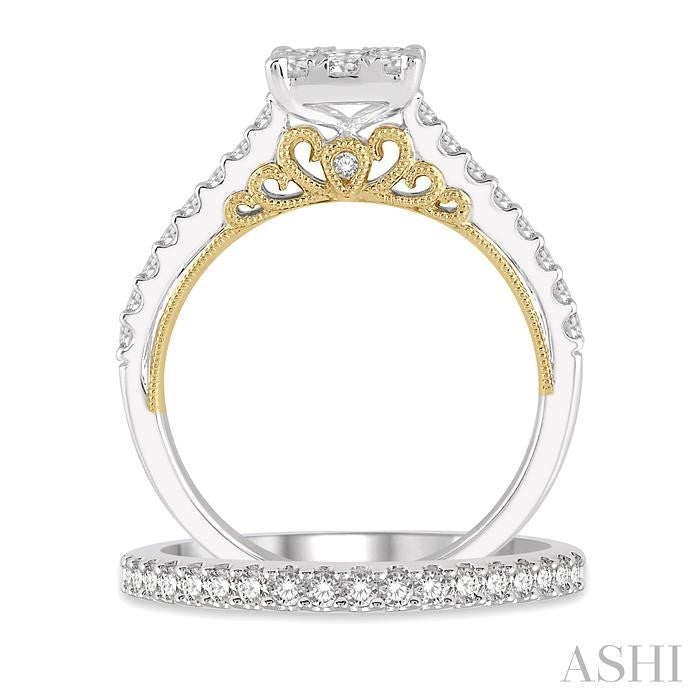 1 Ctw Lovebright Diamond Wedding Set with 3/4 Ctw Cushion Shape Engagement Ring and 1/4 Ctw Wedding Band in 14K White and Yellow Gold