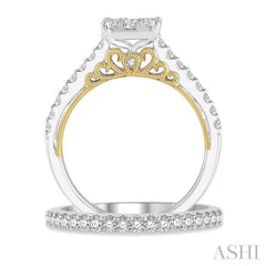 1 Ctw Lovebright Diamond Wedding Set with 3/4 Ctw Cushion Shape Engagement Ring and 1/4 Ctw Wedding Band in 14K White and Yellow Gold