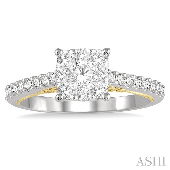 3/4 Ctw Round Diamond Lovebright Square Shape Engagement Ring in 14K White and Yellow Gold