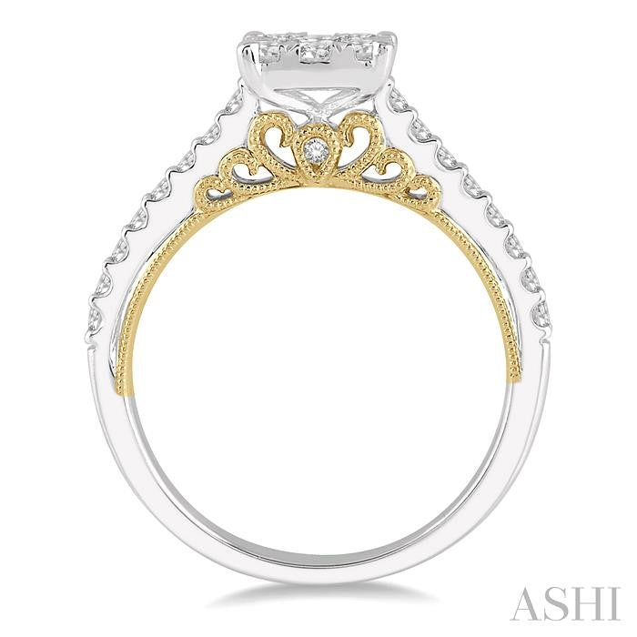 3/4 Ctw Round Diamond Lovebright Square Shape Engagement Ring in 14K White and Yellow Gold