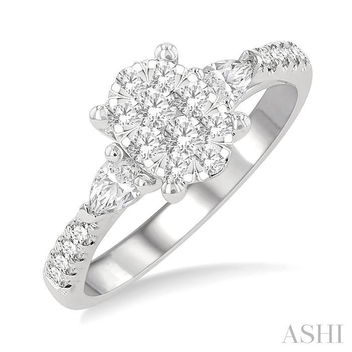 3/4 Ctw Oval Mount Lovebright Pear and Round Cut Diamond Engagement Ring in 14K White Gold
