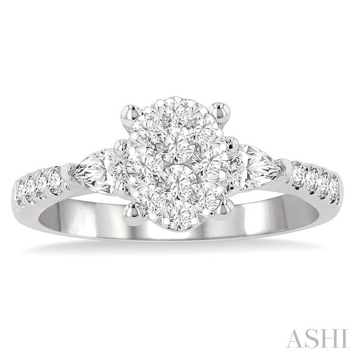 3/4 Ctw Oval Mount Lovebright Pear and Round Cut Diamond Engagement Ring in 14K White Gold