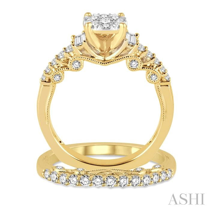 1 Ctw Diamond Lovebright Wedding Set with 3/4 Ctw Engagement Ring and 1/3 Ctw Wedding Band in 14K Yellow and White Gold