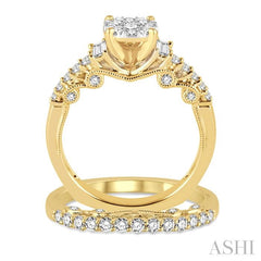 1 Ctw Diamond Lovebright Wedding Set with 3/4 Ctw Engagement Ring and 1/3 Ctw Wedding Band in 14K Yellow and White Gold