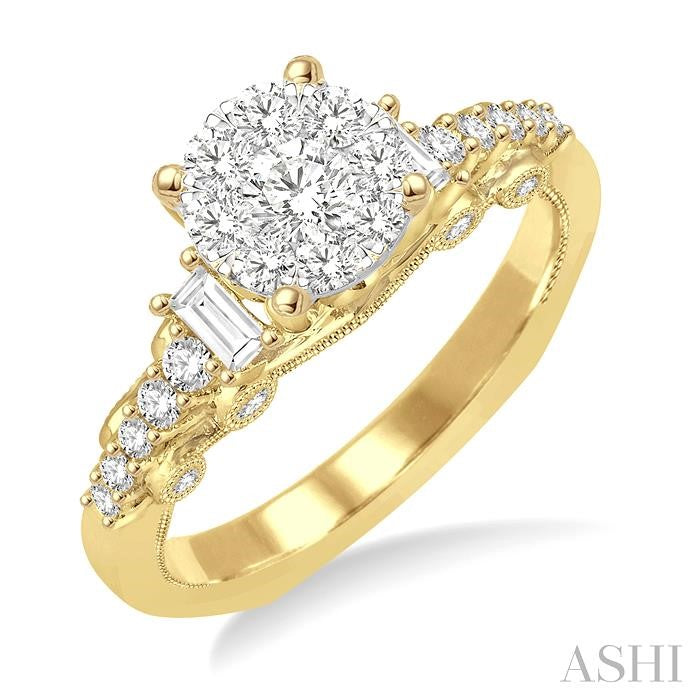 3/4 Ctw Round and Baguette Diamond Lovebright Engagement Ring in 14K Yellow and White Gold