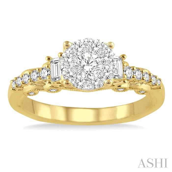 3/4 Ctw Round and Baguette Diamond Lovebright Engagement Ring in 14K Yellow and White Gold