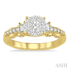 3/4 Ctw Round and Baguette Diamond Lovebright Engagement Ring in 14K Yellow and White Gold