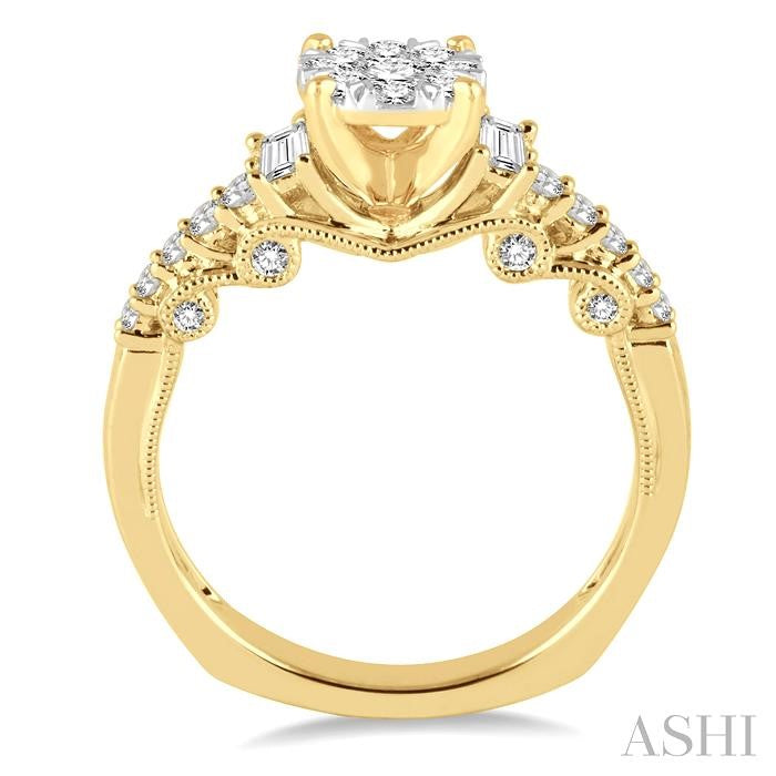 3/4 Ctw Round and Baguette Diamond Lovebright Engagement Ring in 14K Yellow and White Gold