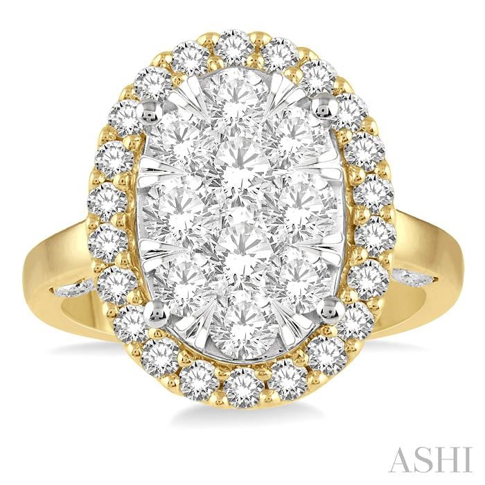2 Ctw Oval Shape Lovebright Diamond Cluster Ring in 14K Yellow and White Gold