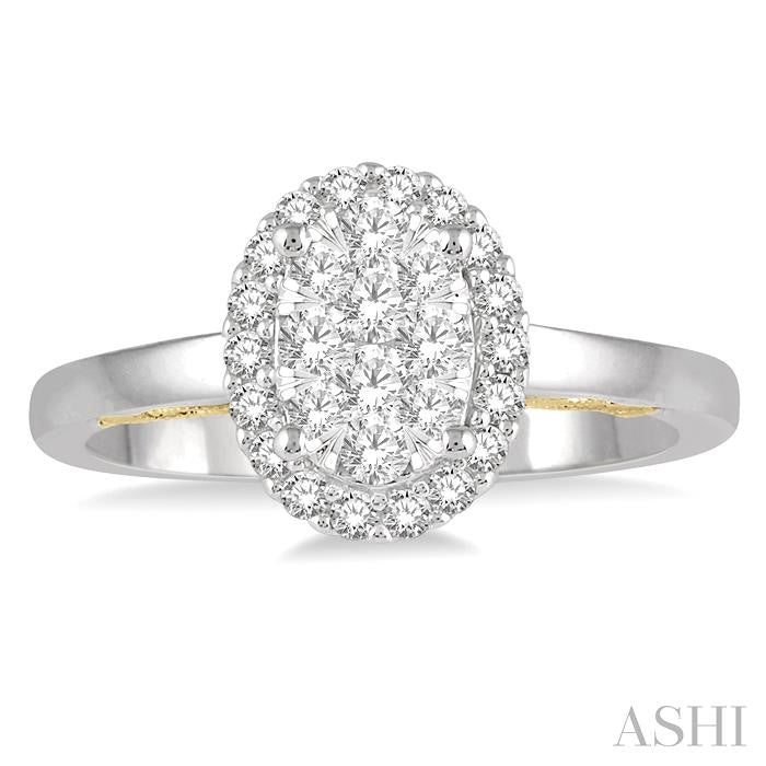 1/2 Ctw Oval Shape Lovebright Round Cut Diamond Ring in 14K White and Yellow Gold