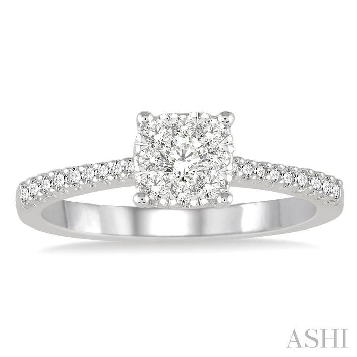 3/4 Ctw Round Cut Diamond Square Shape Lovebright Ring in 14K White Gold